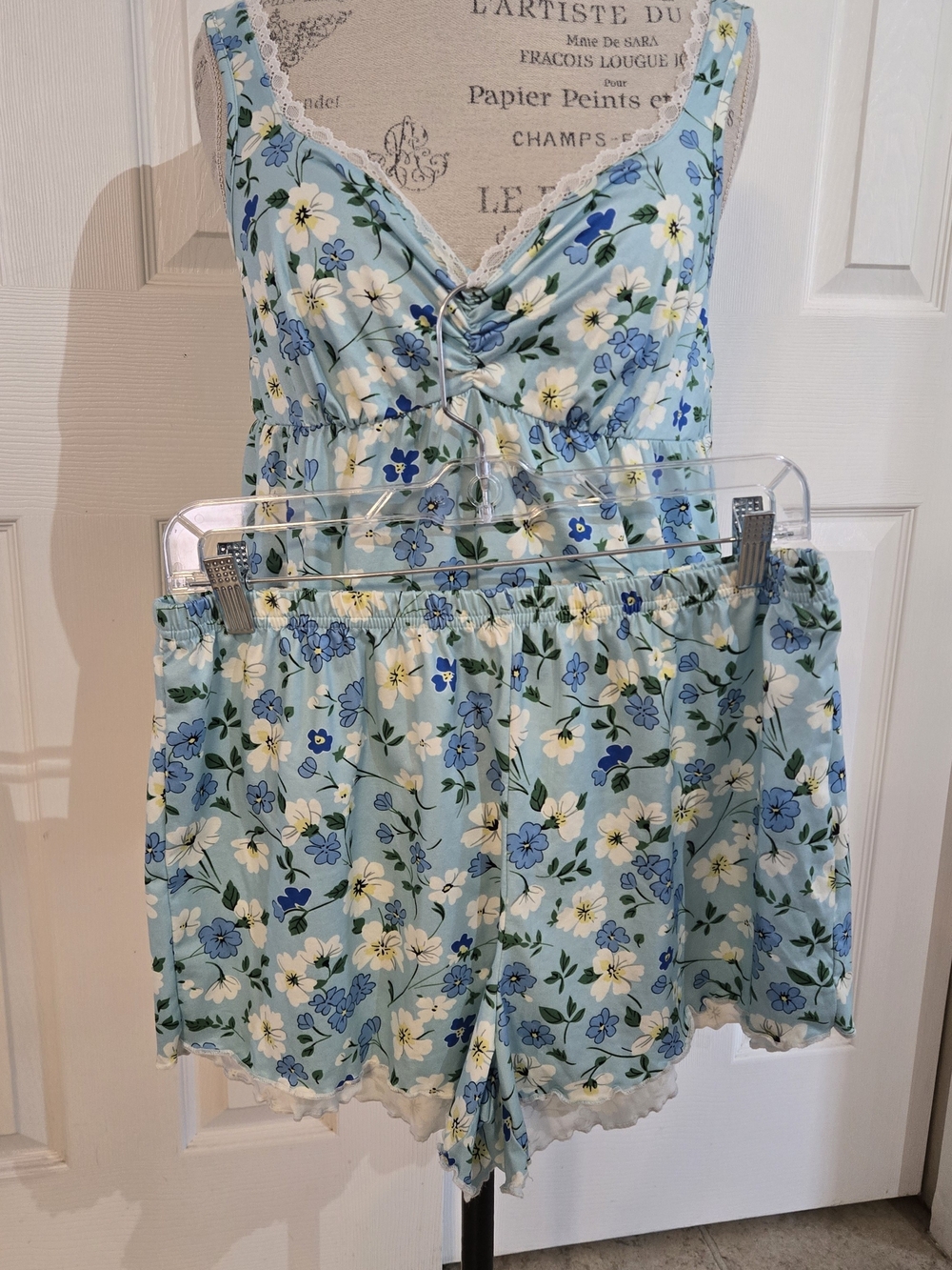 Floral Lace-Trim Camisole & Shorts Set - Light Blue